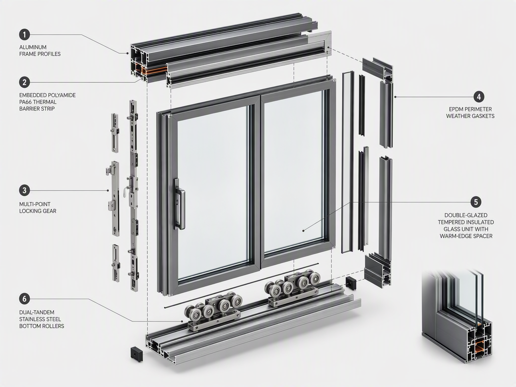 Side Pressure System Custom Aluminum Sliding Door - Engineered Exploded View & Profile Assembly