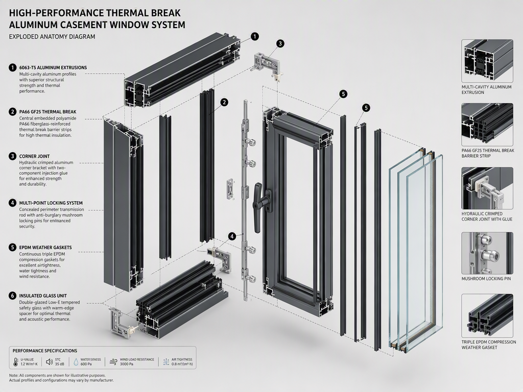 OEM ODM Project Aluminum Window - Thermal Break Window Exploded Component Anatomy
