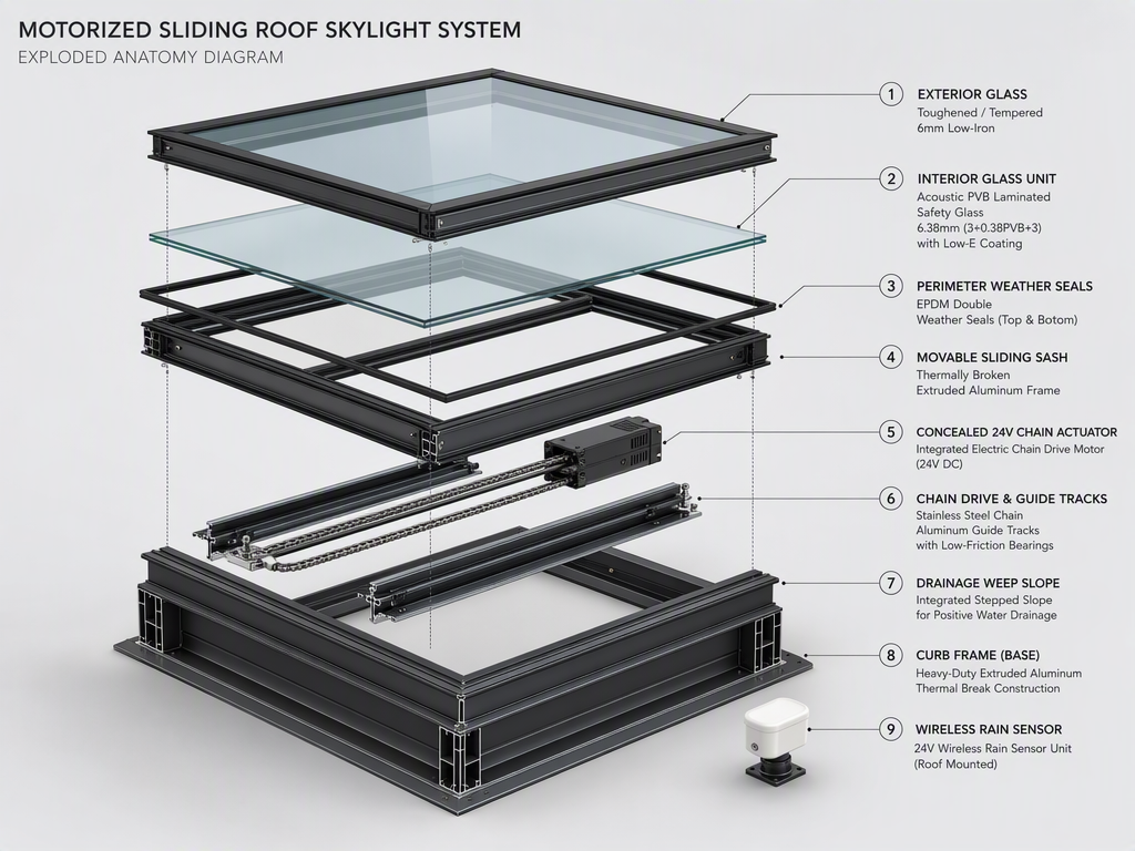 Walkable Structural Floor Glass Skylight Heav - Motorized Skylight Exploded Component Anatomy