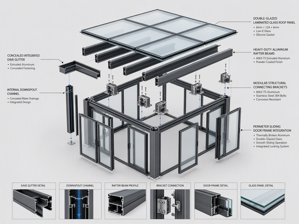 Heavy Snow Load Rated Pyramidal Hip Roof Glas - Modular Sunroom Structural Exploded Anatomy
