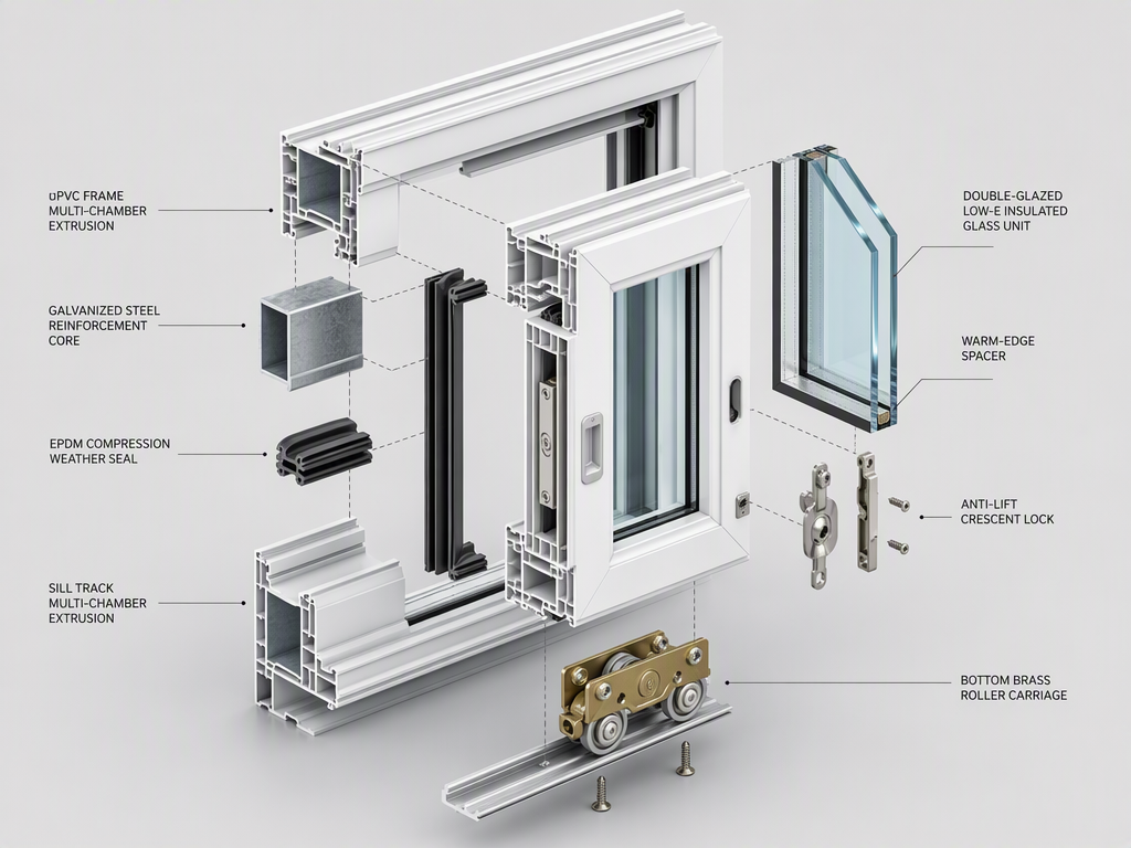 Double Sliding UPVC Window - uPVC Multi-Chamber Exploded Component Anatomy