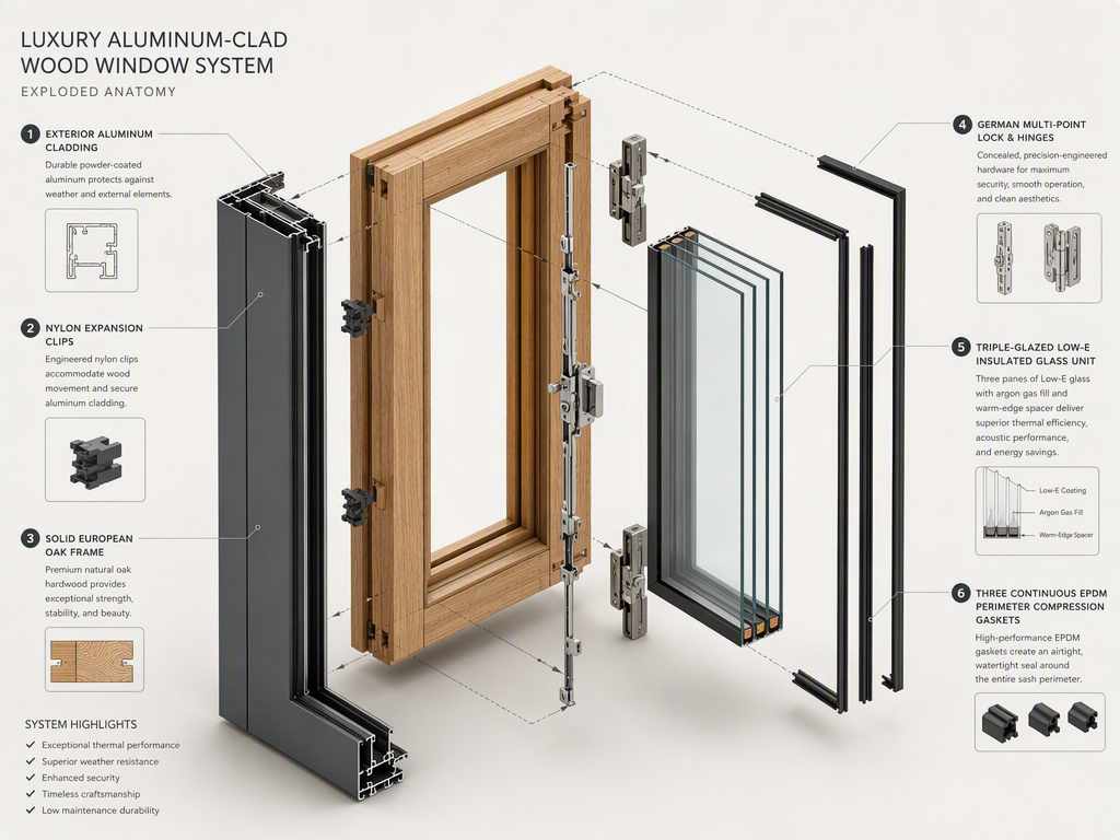 Rc2 Security Locking Window - Wood-Aluminum Joinery Exploded Anatomy