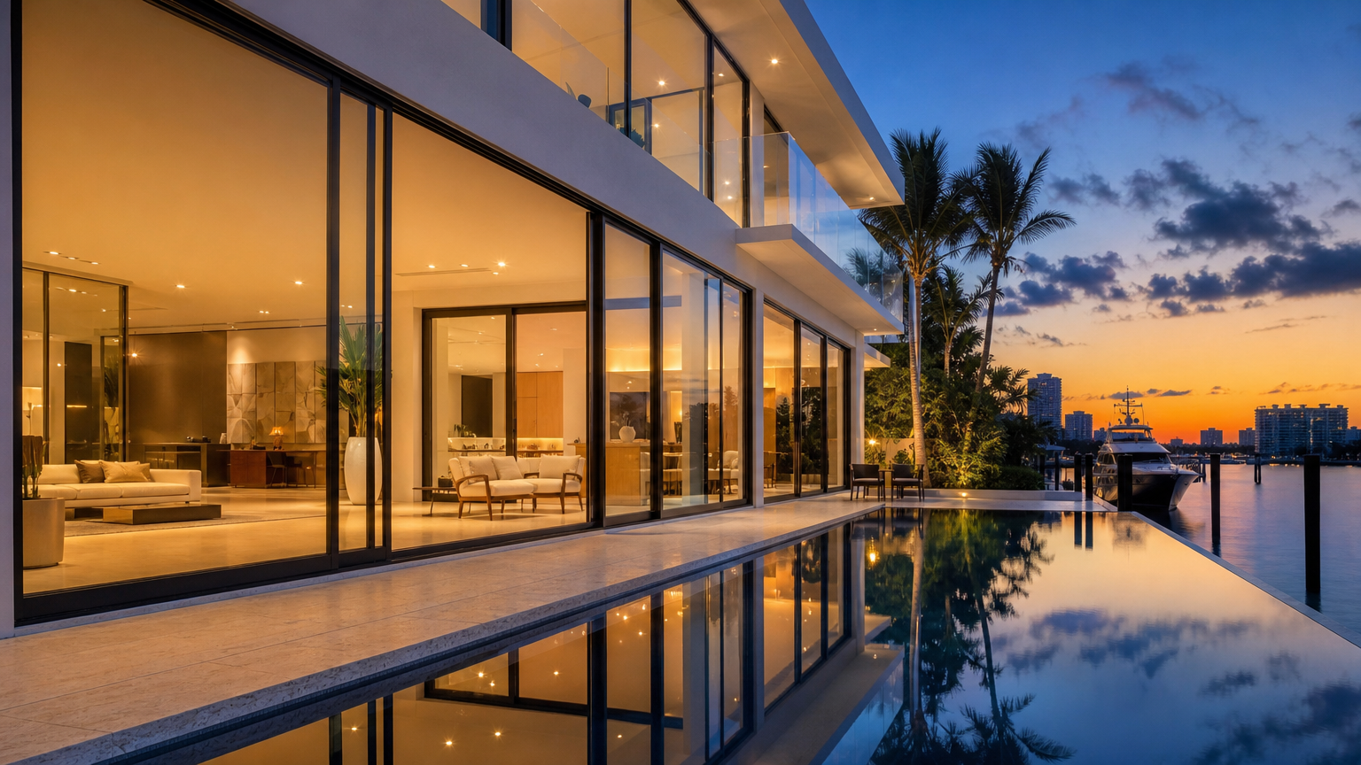 Miami waterfront luxury villa with installed hurricane impact rated sliding glass doors